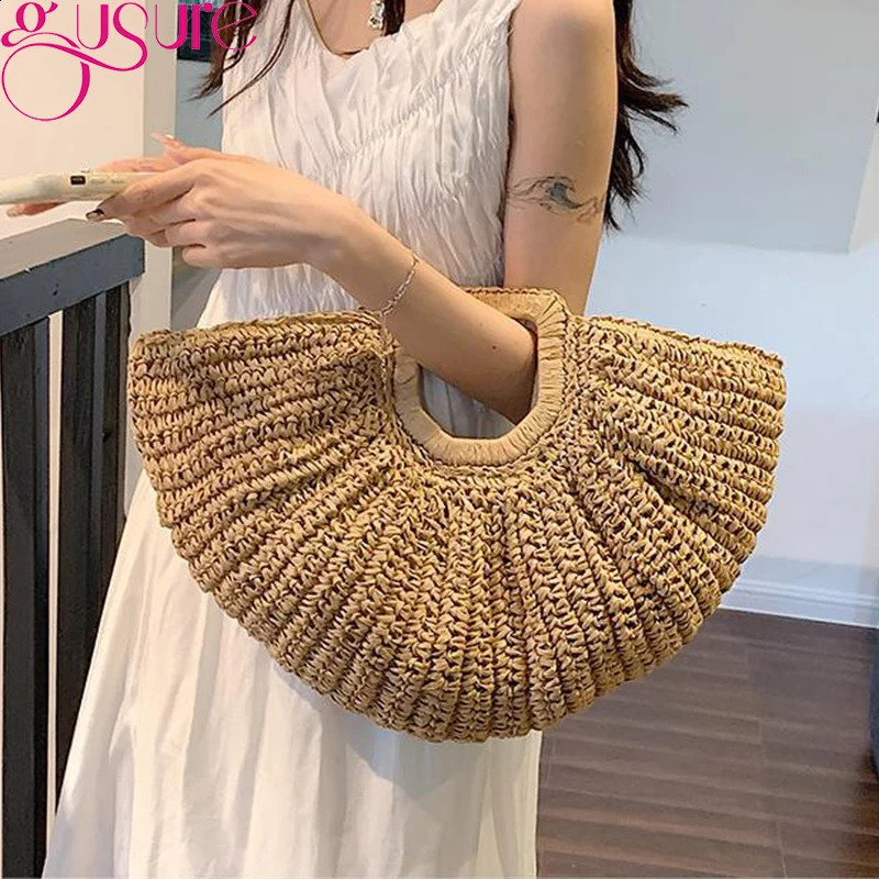 Gusure Bohemia Rattan Large Capacity Shopper Tote Bags Women Moon Wicker Woven Handbag Summer Beach Straw Shoulder Bag 250207