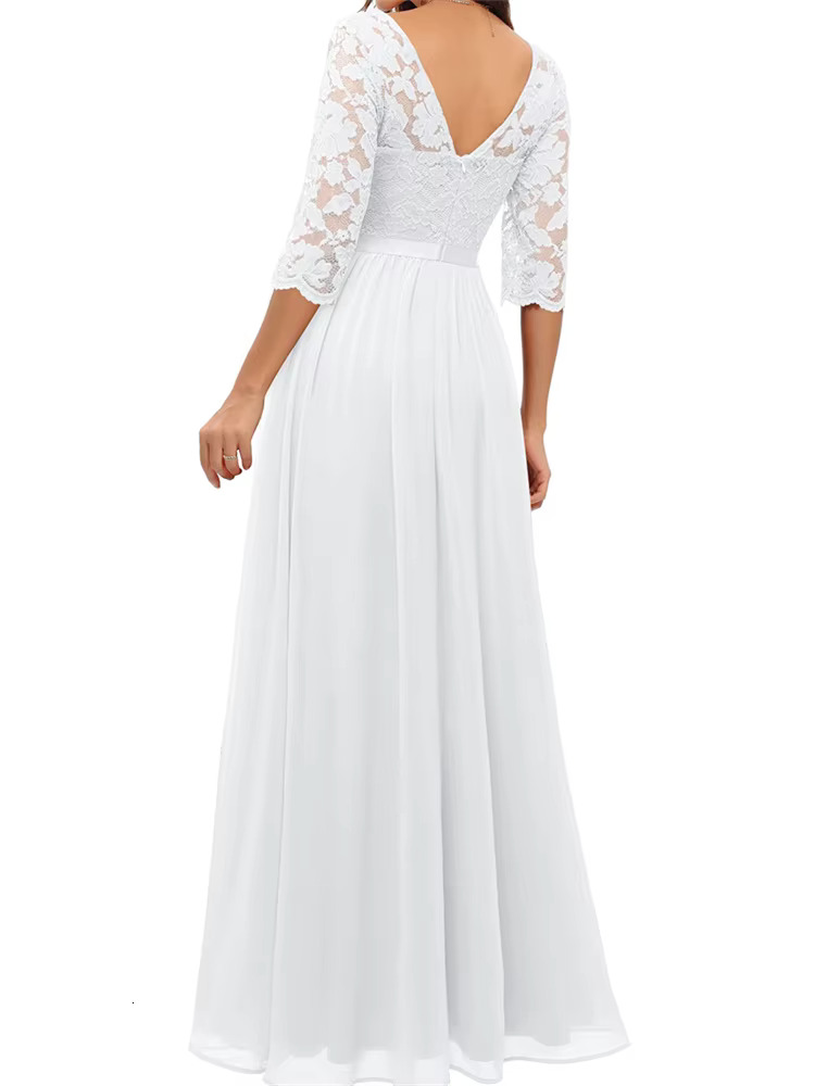 Women's Long Dress Patchwork Lace V-Neck Half Sleeve Pleated Dresses For Party Wedding Evening Elegant