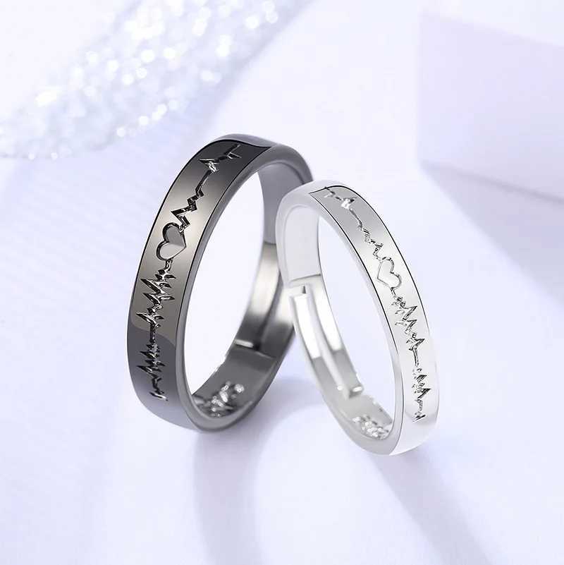 2Pcs/set Romantic Couple Rings for Women Men Punk Heart ECG Black White Sun Moon Wedding Ring Valentines Day Gift W250207