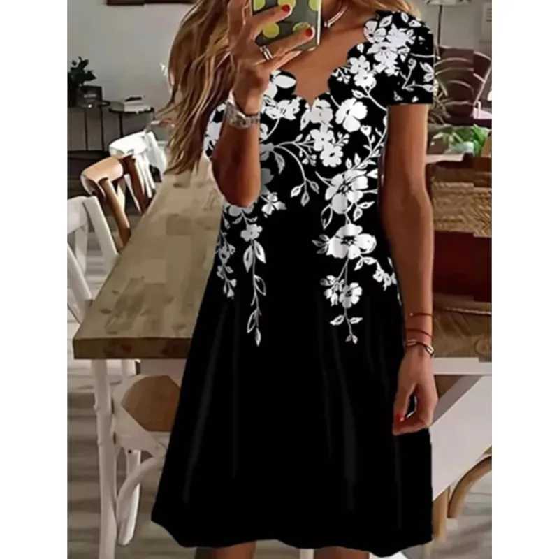 Summer New Womens Digital Printed V-neck Short Sved Dress 2024 Ladies Floral Print Knee-Length Pullover Dresses Femme RobeXJ2500207