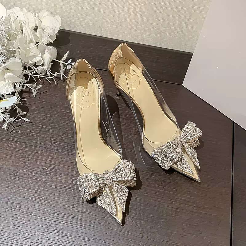 2022 Fashion Sliver Rhie Bow PVC Transparent Women Pumps Autumn Stiletto High Heels Sexy Bride Party Wedding Dress Shoes