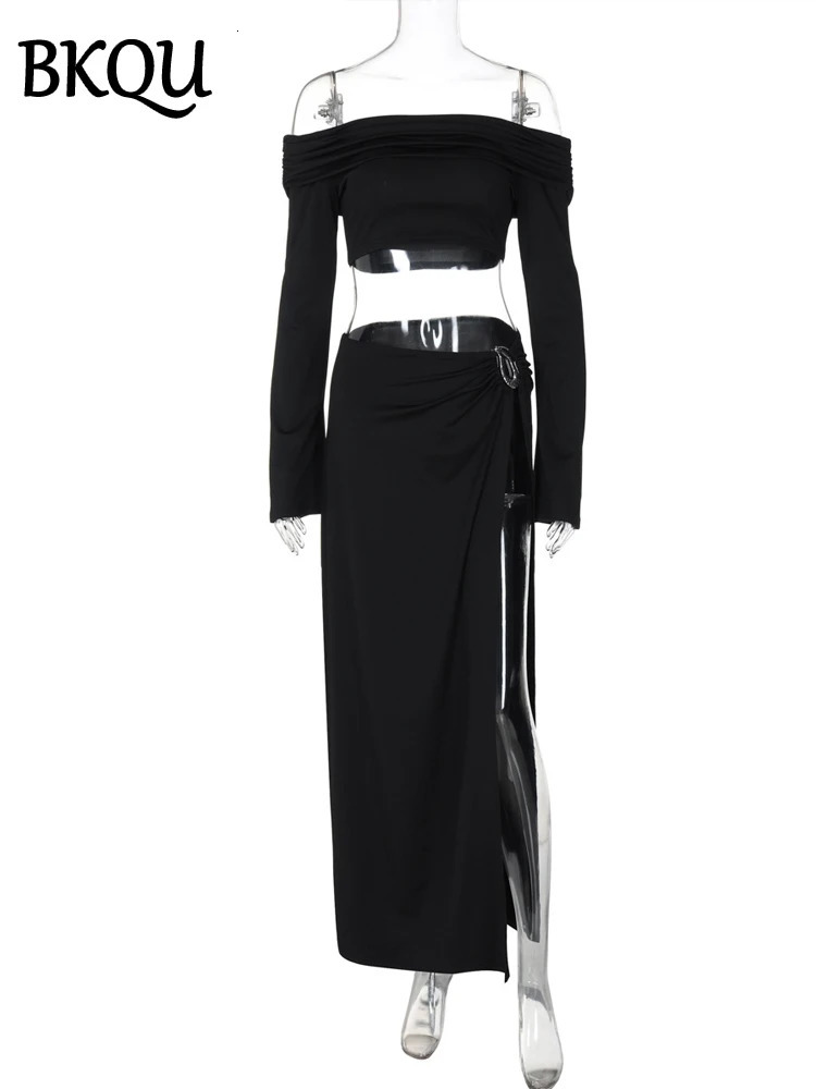 BKQU Off Shoulder Sexy 2 Piece Skirt Set Women Long Sleeve Ruched Crop Top And High Slit Maxi Skirt Ladies Elegant Party Outfits 250206