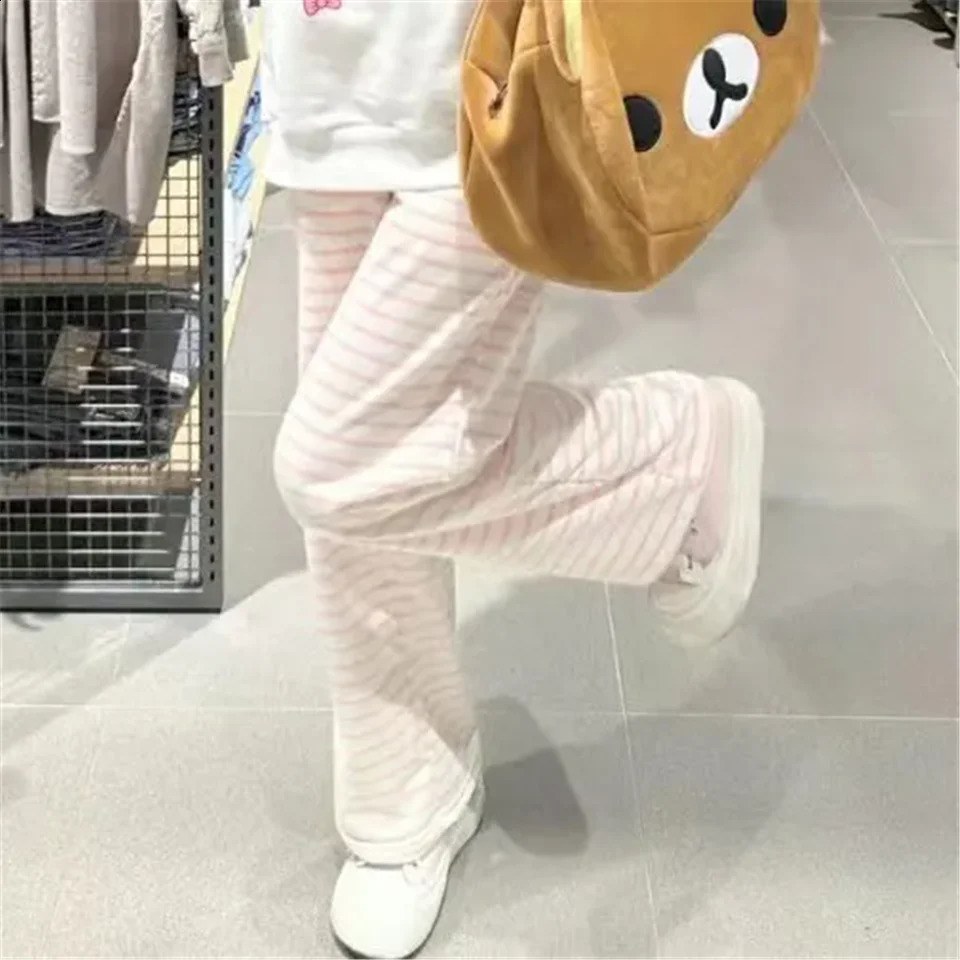 Cute Y2K Striped Pants Women Kawaii Sweet Harajuku Fleece Sports Korean Fashion Sweatpants Girly Basic Cartoon Japanese Trousers 250206