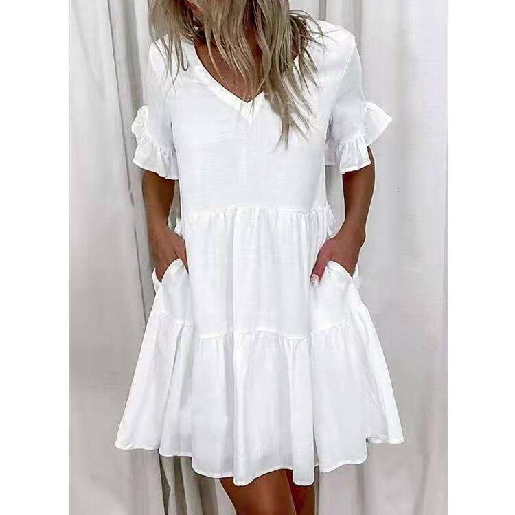 2021 European and American women's short print ruffle pocket dress for women 2024 new casual versatile fashion clothing