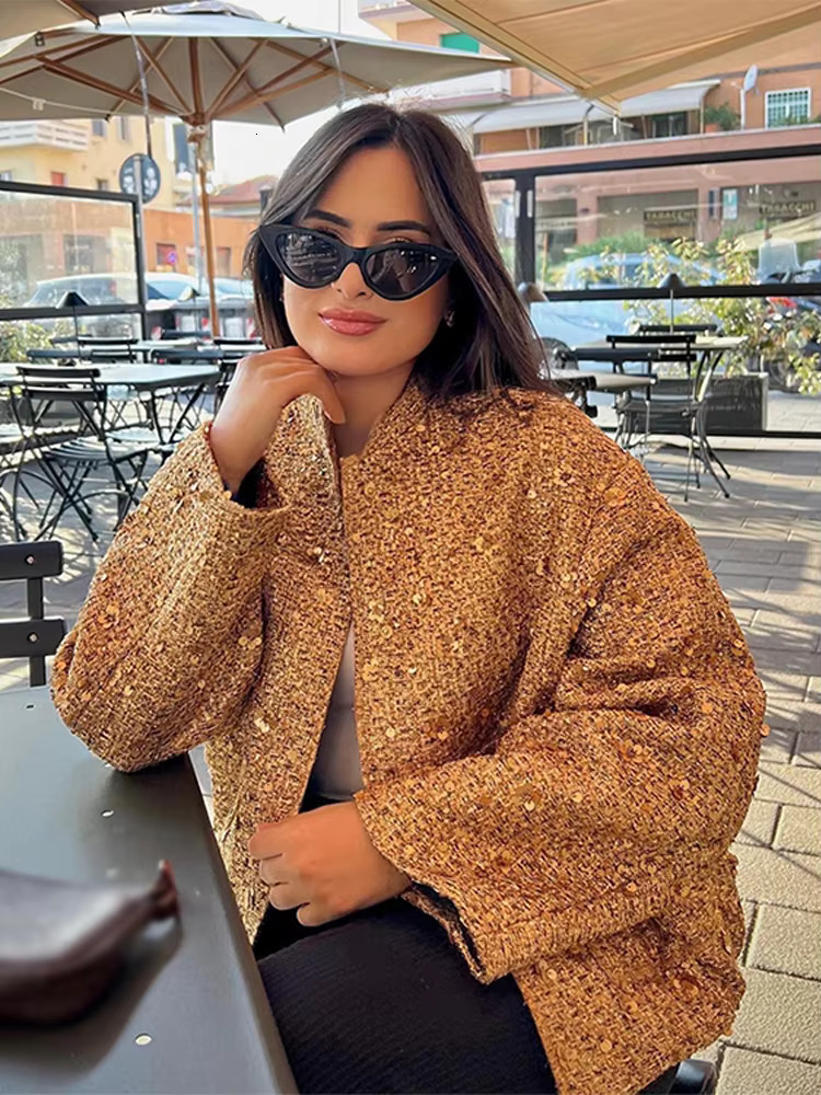 Fashion Gold Sequins Bomber Jacket For Women 2025 Chic Stand Collar Long Sleeve Coat Female Winter Autumn Lady Street Outerwear