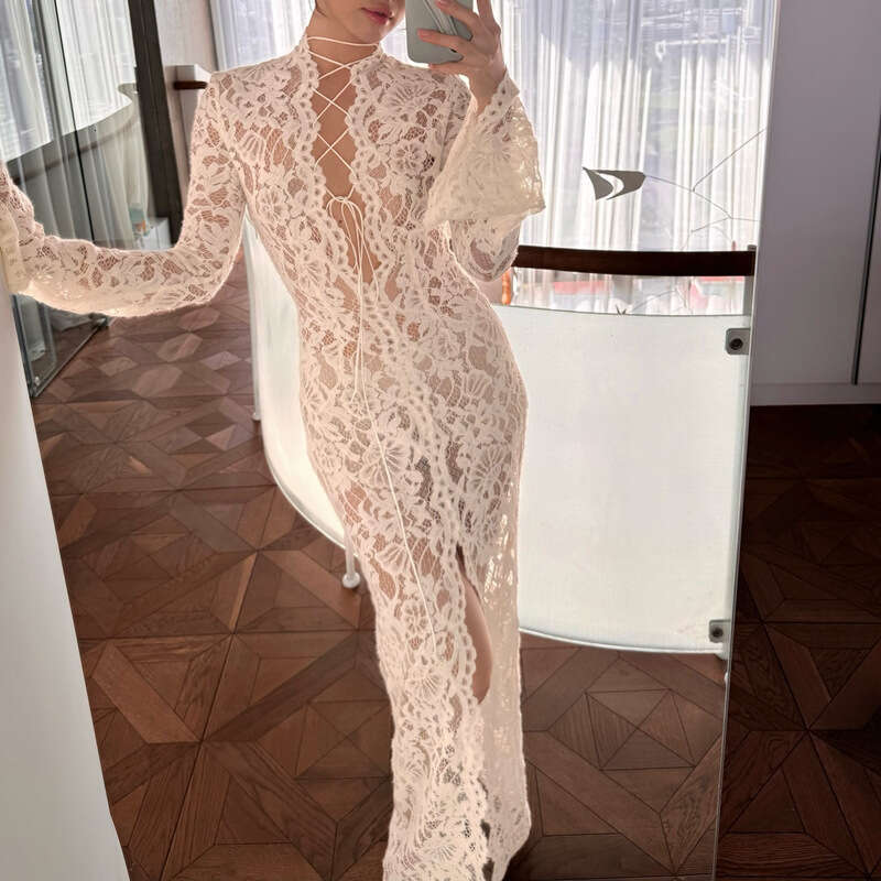 2025 early autumn sexy spicy girl lace patchwork street slit long sleeved dress new casual versatile fashion clothing