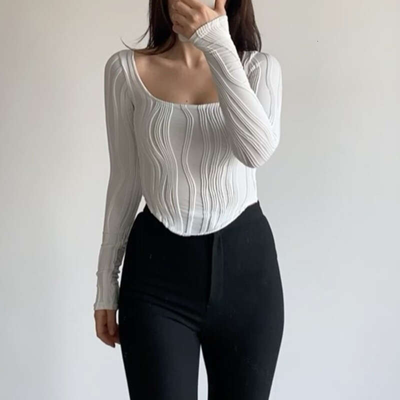 Ins2025 Summer Product French Design Fold U-neck Simple Solid Color Slimming Long Sleeve Top for Women 2025 New Style, Unique and Elegant Clothing