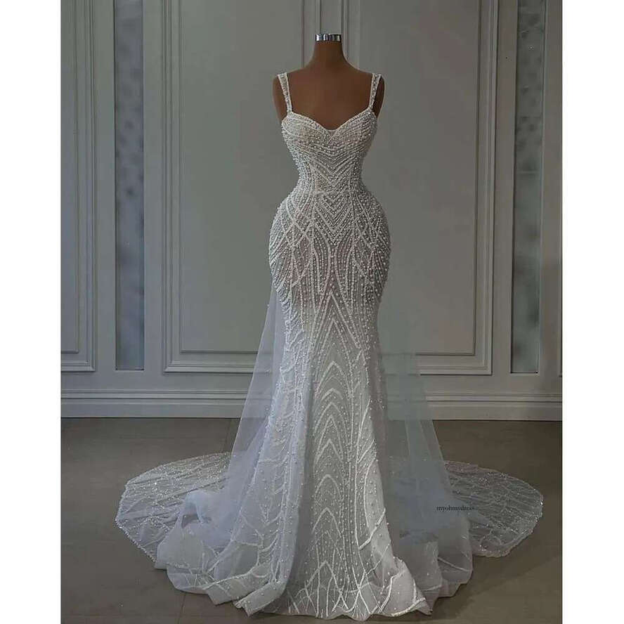 Mermaid Sexy Prom Dresses Sleeveless V Neck Straps Appliques Sequins Beaded Or Length D Lace Hollow Pearls Evening Dress Bridal Gowns Plus Size Custom