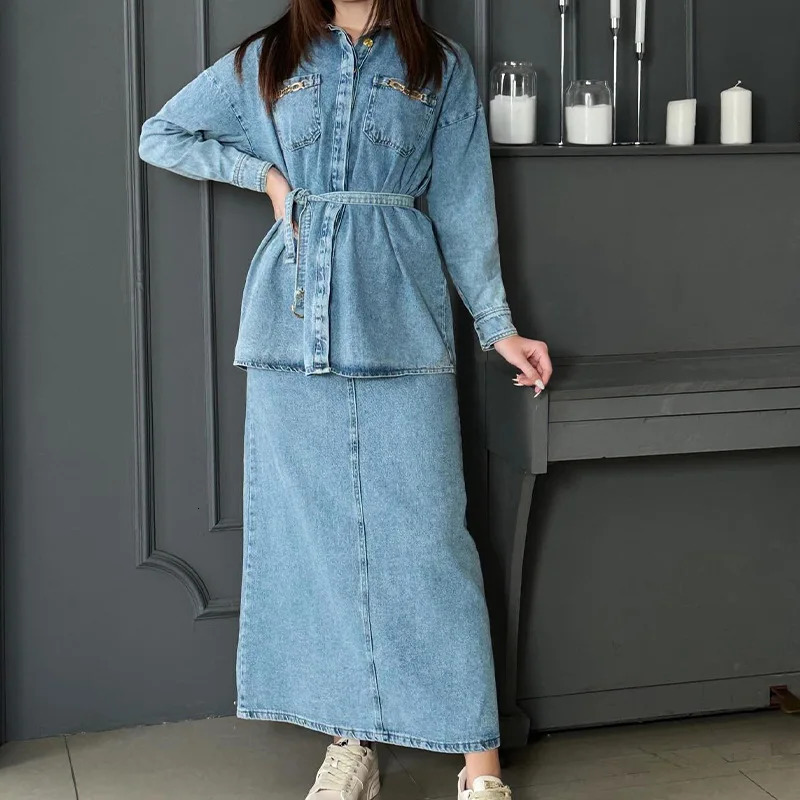 Two Piece Skirt Sets Women High Waist Long Denim Skirts Button Full Sleeve Splice Jeans Coats Pocket Lace Up Loose Fit 250207