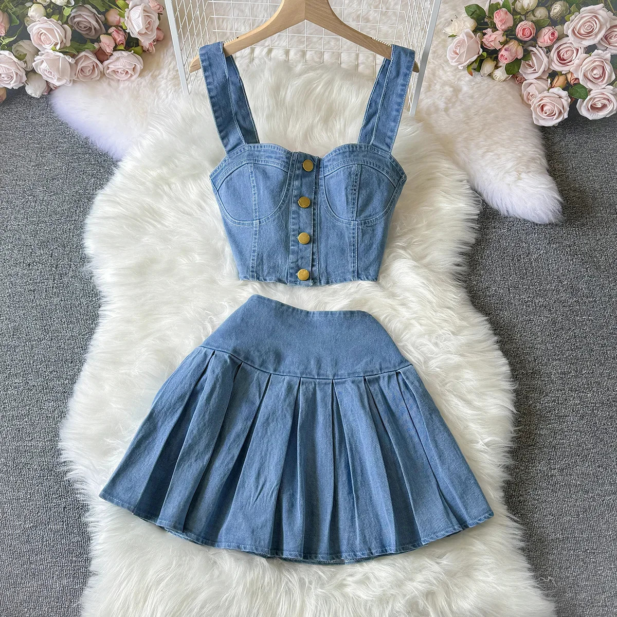 Two Piece Sets Women Sexy Dress Sets Skirt Set Sling Sleeveless Casual Denim Tops Short Skirts A Line Elegant Splice Y2k Summer 250207