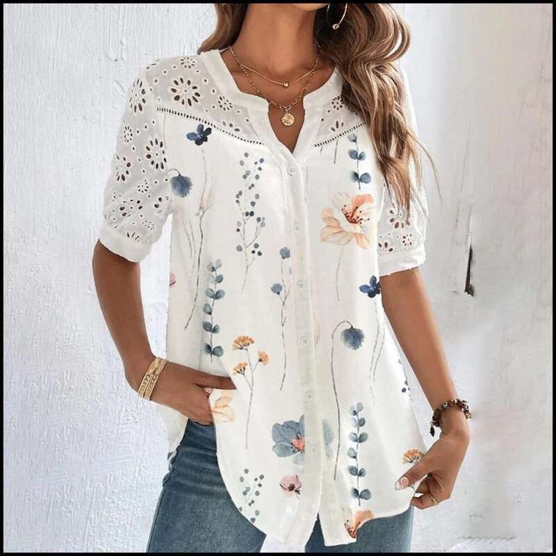 Buckle Flip Collar Short Sleeve Shirt Women's Top 2024 New Casual Fashion Trendy Clothing