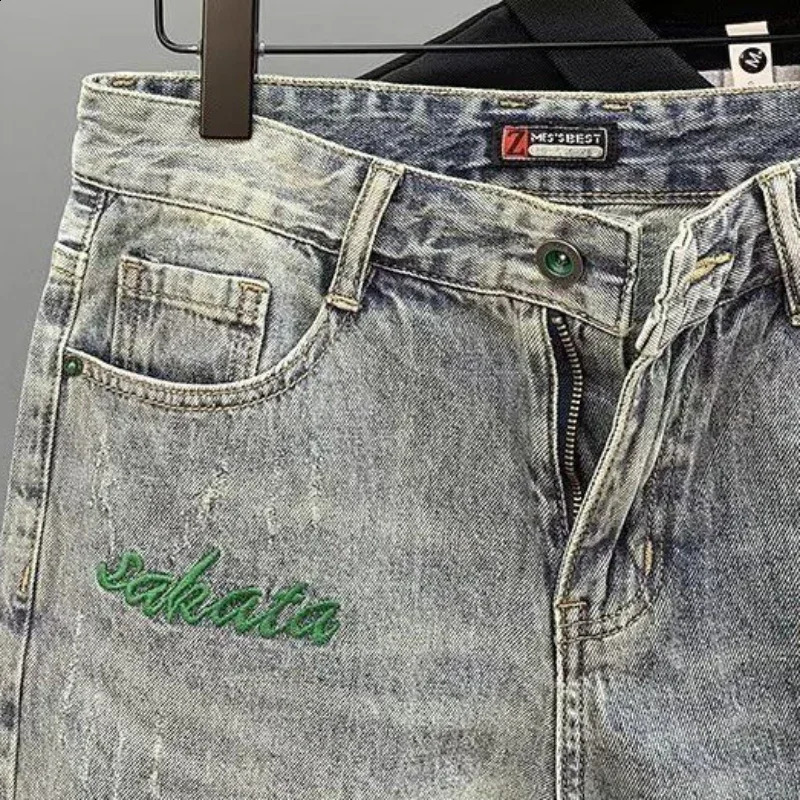 Male Denim Shorts Oversize Big Size Retro With Text Mens Short Jeans Pants Cut Cow Korean Fashion Jorts Sale Vintage 250206