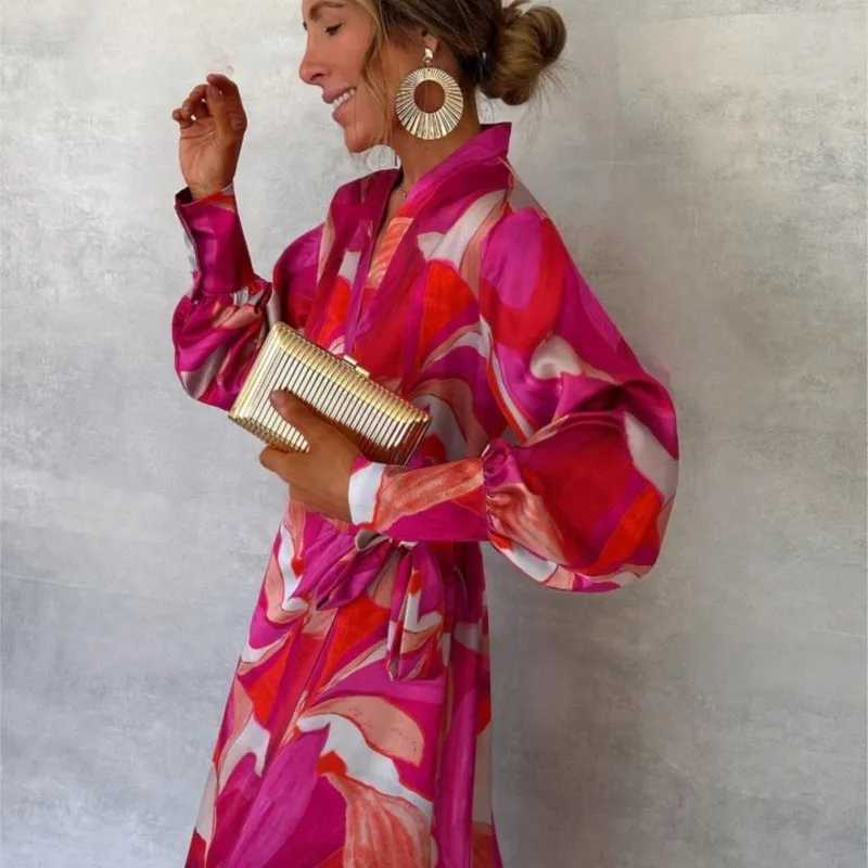 Pink Printed Womens Long Sved Dress Autumn New V-neck Cross Tie Lantern Sve Irregular Womens Long Dress 2024 VestidoXJ2500207