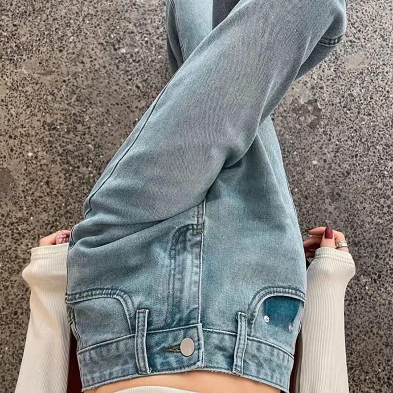 Denim Jeans Tall Straight Womens Korean High Waisted Pants Fashion Spring Autumn Perforated Wide Leg Trousers 250206
