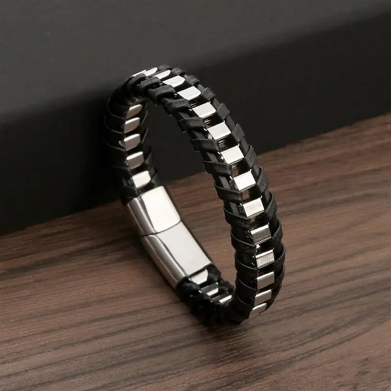 Jiayiqi Punk Men Jewelry Black Braided Leather Bracelet Stainless Steel Magnetic Clasp Fashion Bangles Wholesale Customize 250206