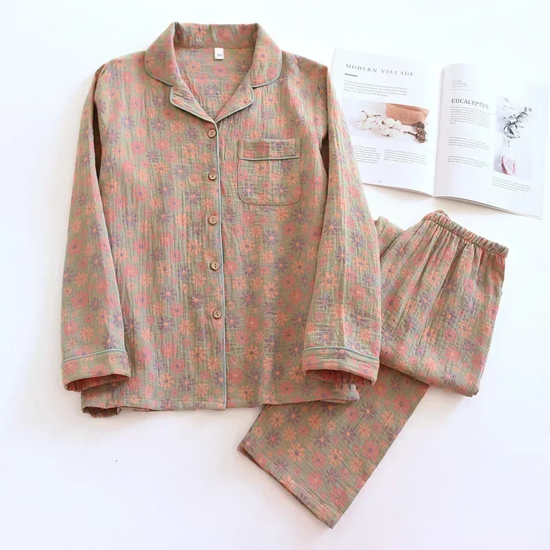 Ethnic Style 100% Cotton Print Pajamas for Women 2 Pieces Outfit Loungewear Jacquard Gauze Sleepwear Long Sleeve Home Clothes 250207