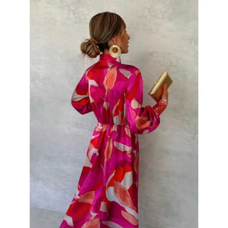 Pink Printed Womens Long Sved Dress Autumn New V-neck Cross Tie Lantern Sve Irregular Womens Long Dress 2024 VestidoXJ2500207