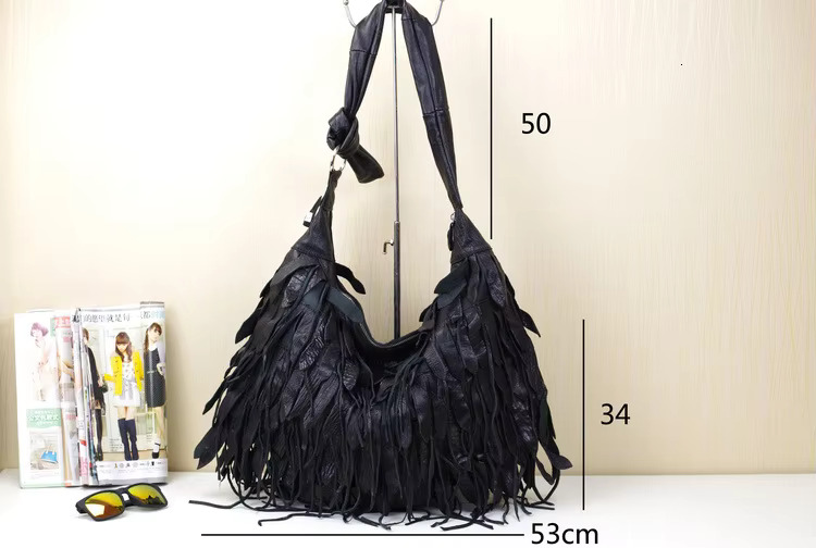 Black Genuine Leather Tassel Single Shoulder Messenger Large Capacity Beach Ladies Wholesale Female Bag Genuine Leather Cartoon