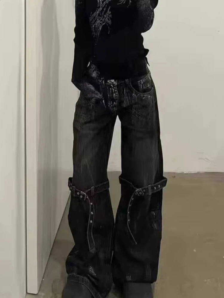 HOUZHOU Y2K Gothic Women Jeans Grunge Hip Hop Harajuku Black Denim Trousers Female Vintage Streetwear Punk High Waist Pant 250206