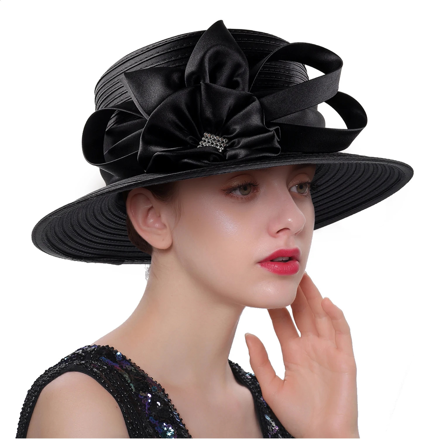 est Women Satin Cloth Flower Church Hat Elegant Pography Top Hat Fashion Female Banquet Fascinator Wedding Formal Hats 250207