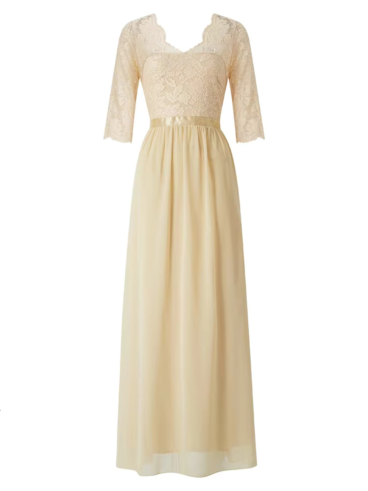 Women's Long Dress Patchwork Lace V-Neck Half Sleeve Pleated Dresses For Party Wedding Evening Elegant