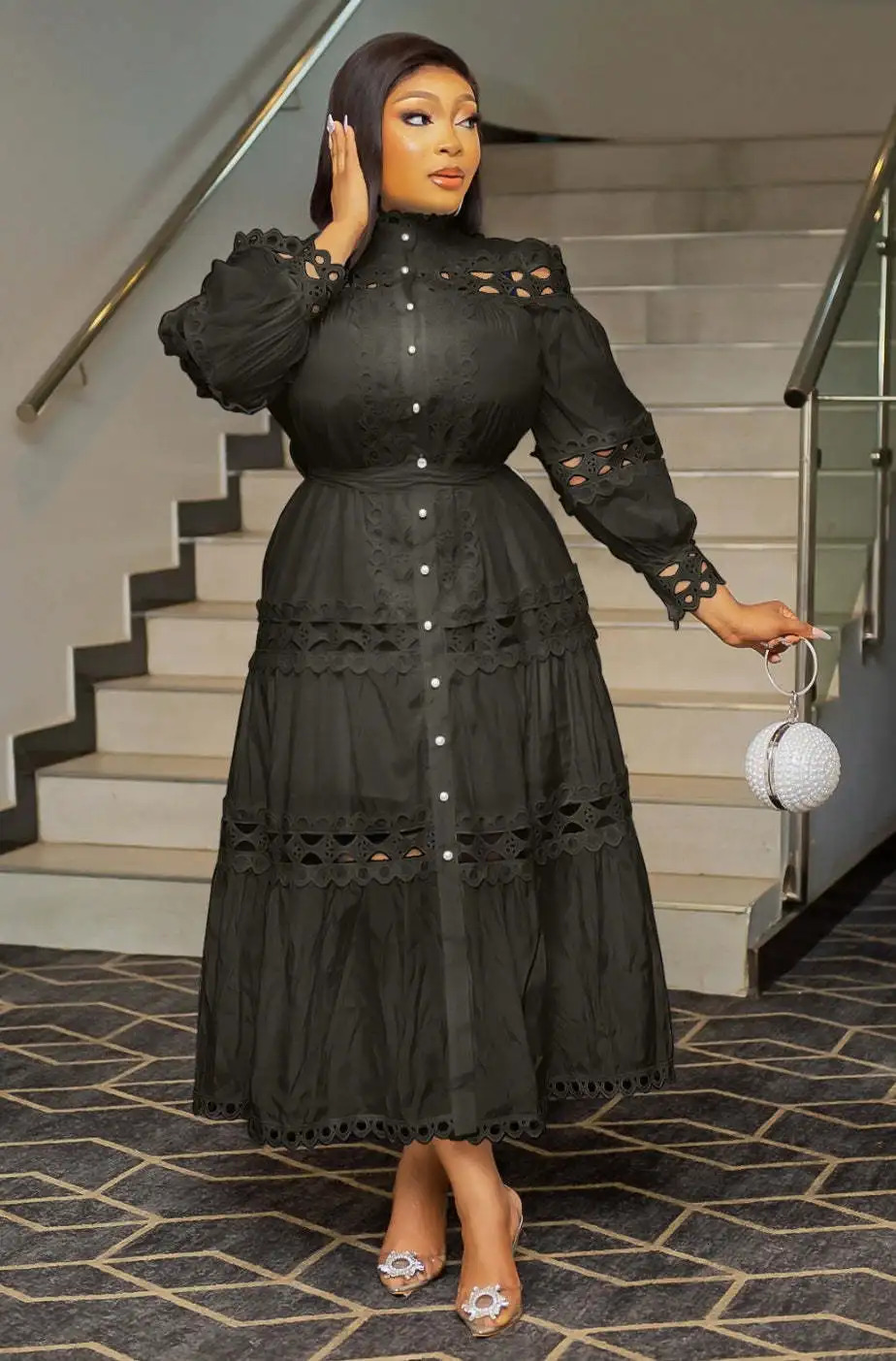 2024 Style Women Dress Plus Size 5XL Hollow Out Lace Patchwork Solid Color Round Neck Long Dress Pearls Belt Buttons Gowns 250207