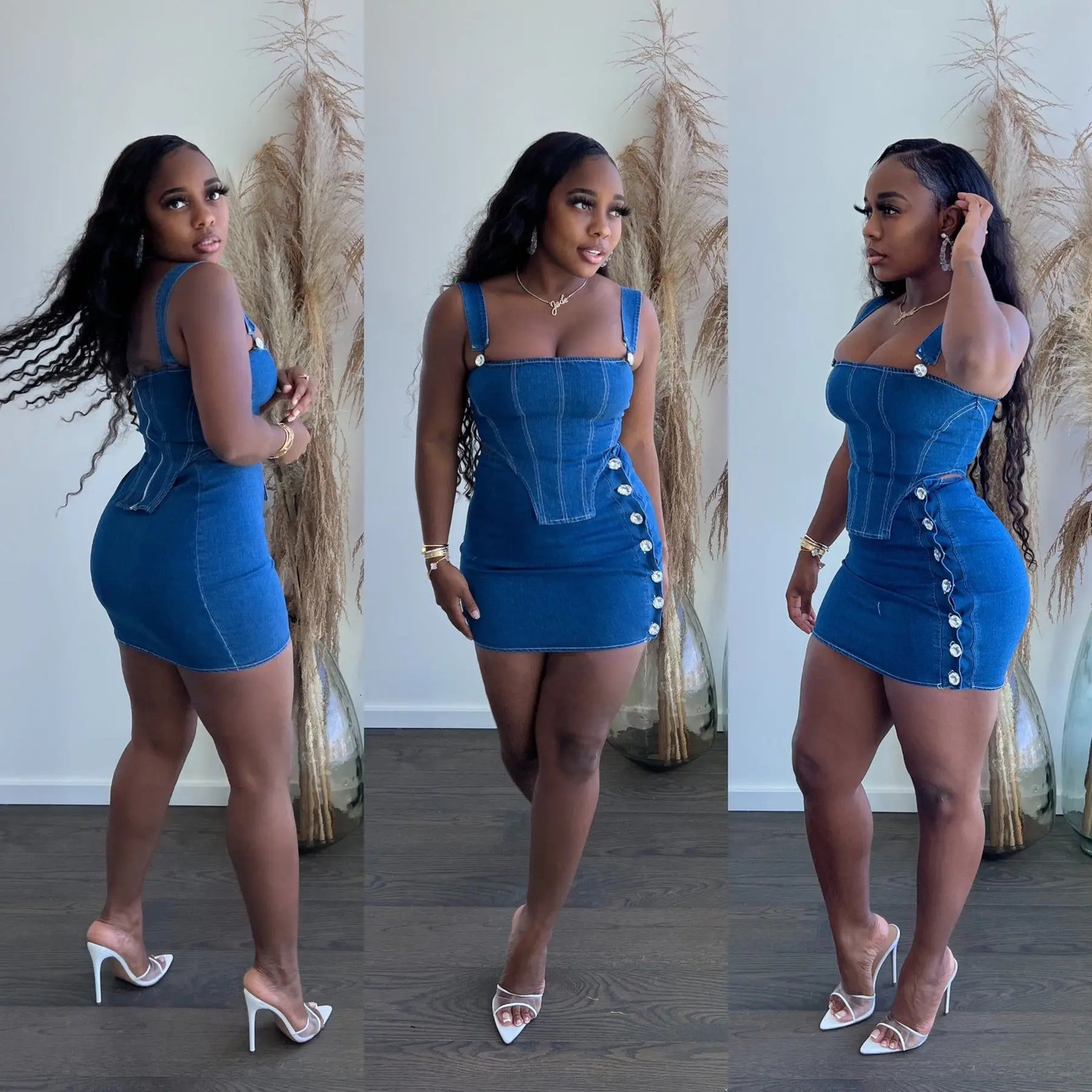 Elegant Denim Womens Set Bodycon Midi Mini Skirt Suit and Tank Top Street Jeans Two 2 Piece Set Summer Outfits 250207