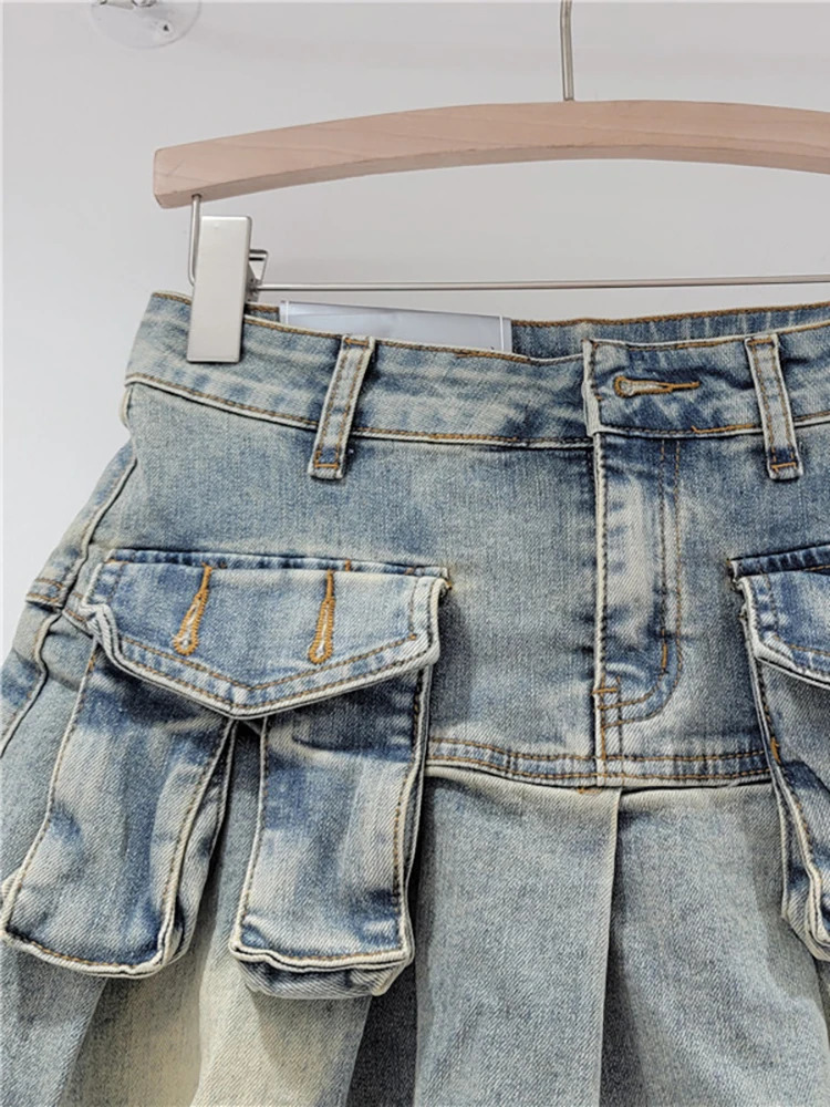 DEAT Womens Denim Skirts Patchwork Asymmetric Pockets Pleated A-line Short Cargo Miniskirt 2025 Spring Fashion 29L6949 250207