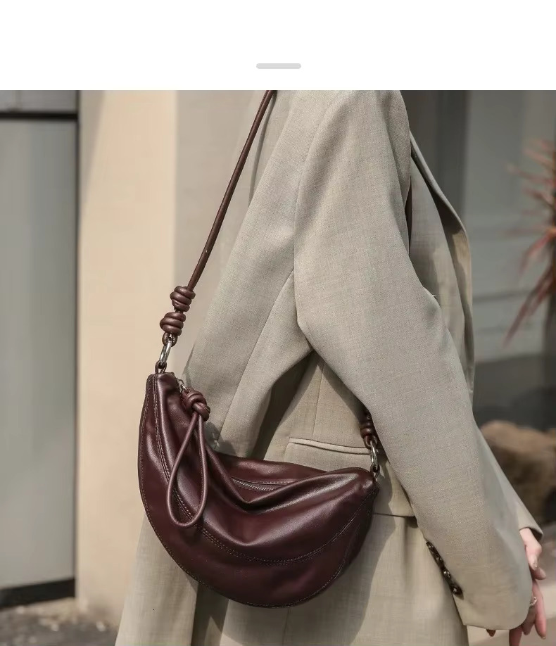 Niche Style Half-Moon Shape Flap Saddle Small First Layer Cow Leather Women Shoulder High-End Daily-Use Crossbody Bag Genuine Leather Vintage