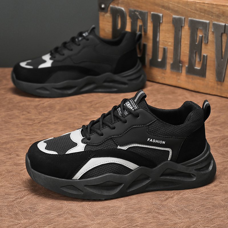 Men Sports Shoes Thick Sole Simple Casual Style Versatile Mesh Breathable Triple Black Grey fashion