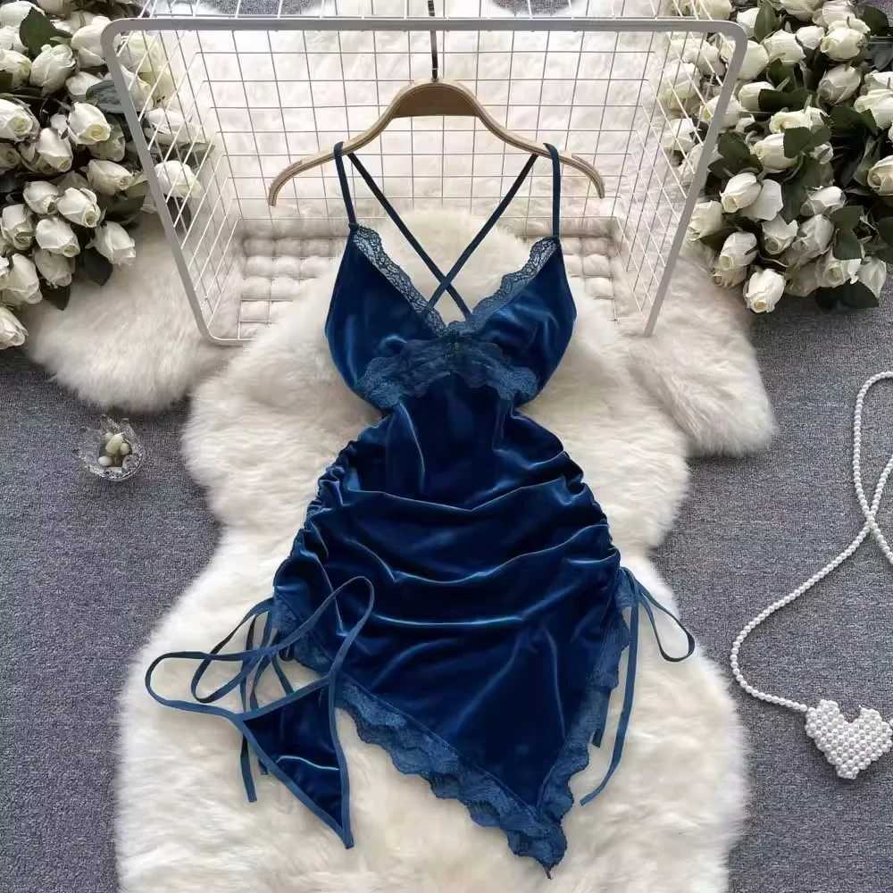 Women Sexy Red Ruched Mini Dress Sveless Backless Spaghetti Strap Dress Drstring Bodycon Party Club Dress with ThongXJ2500207