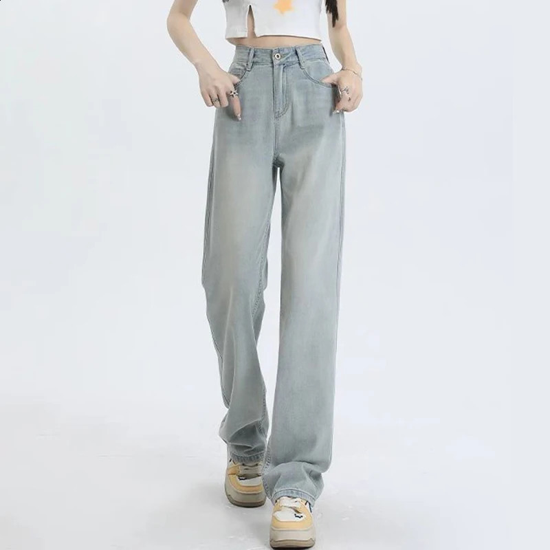 Woman Fashion Loosefit Wide Leg Casual Jeans Girls Basic High Waist Straight Pants Female Simple Light Blue Denim Trousers 250206