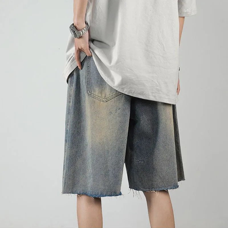 Summer Men Distress Vintage Cargo Denim Shorts Harajuku Streetwear Fashion Straight Baggy Casual Knee Length Short Jeans 250207