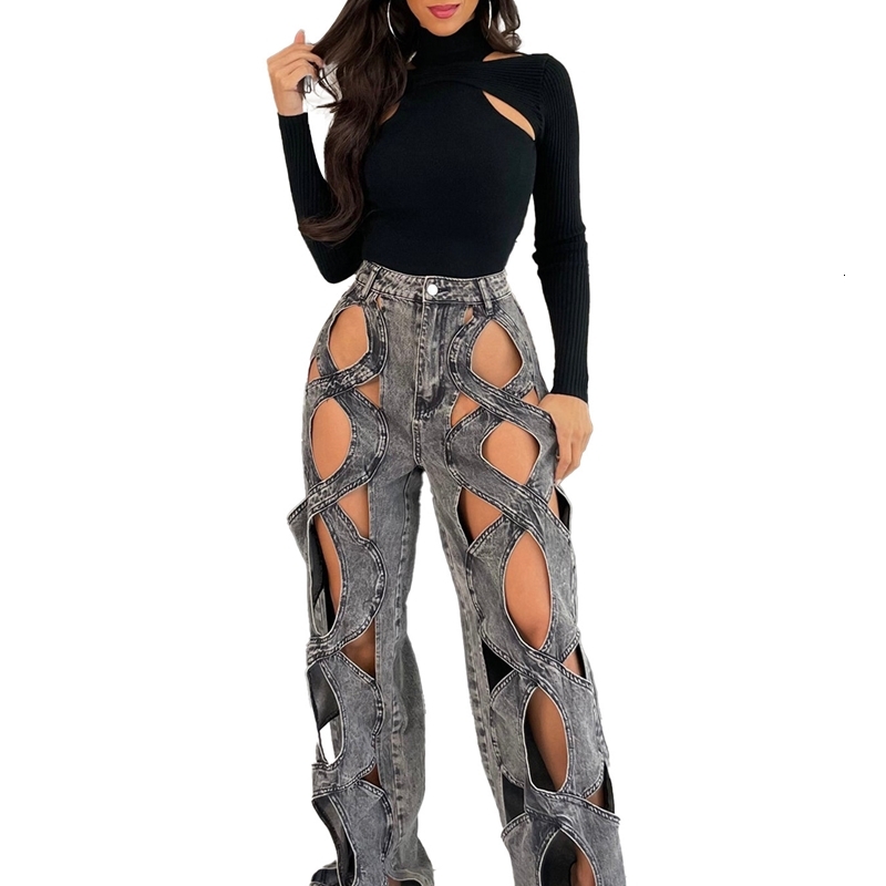 Womens Jeans Elastic Denim Fabric Personality Fried Dough Twists Hollow Loose Straight Jeans