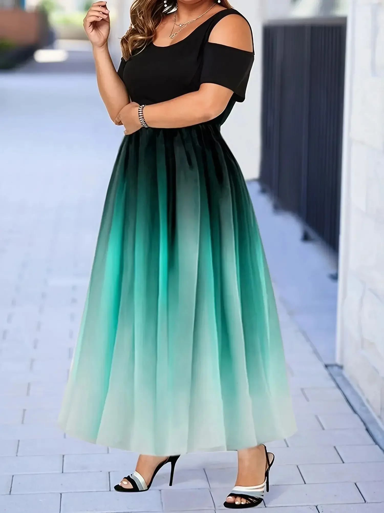 Women Plus Size 1XL-8XL Dress Gradient Print Off Shoulder Dress Tight Top and Loose Bottom Elegant Short Sleeve Long Ball Dress 250207