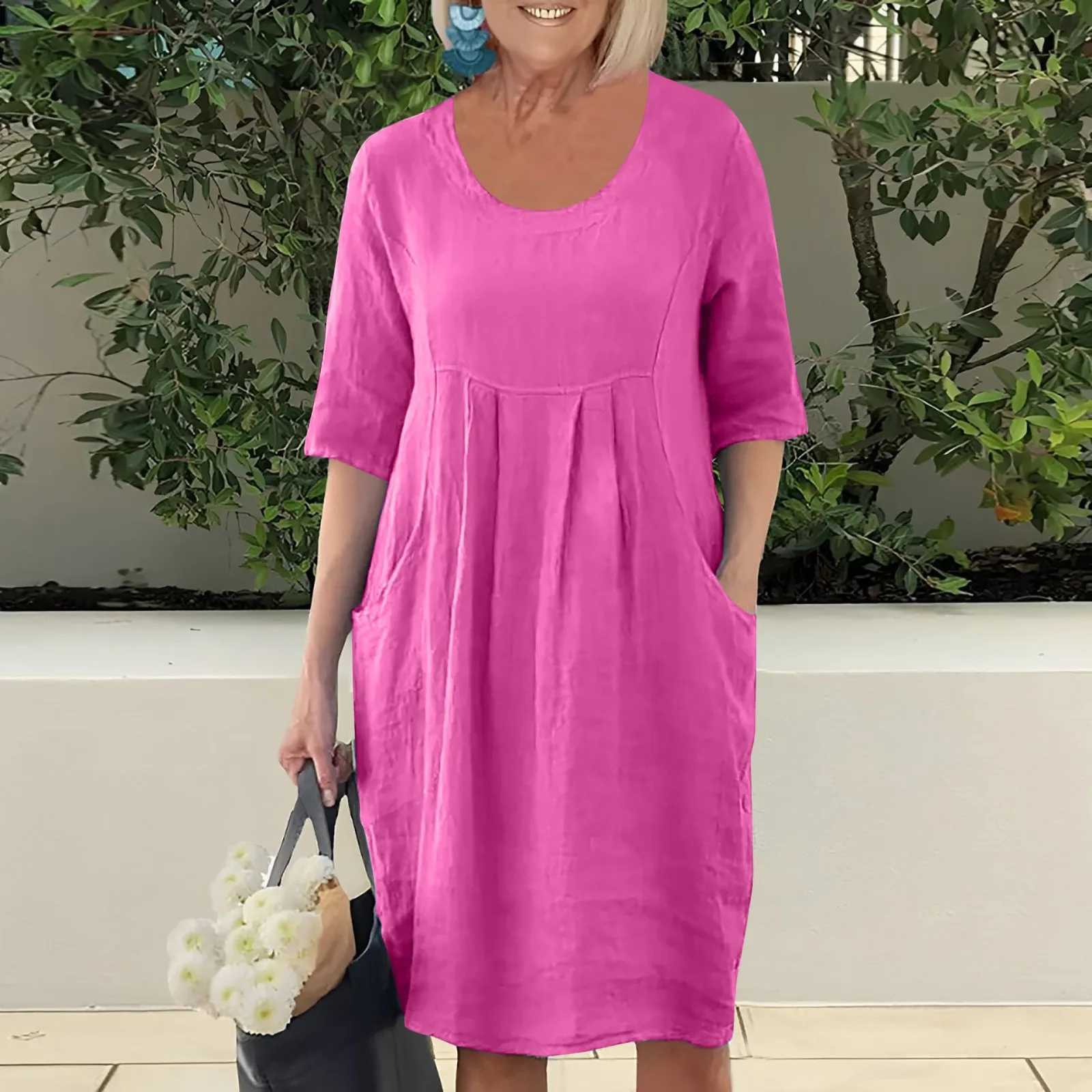 Dresses For Girls 2024 Summer For Women Ele Solid Color Cotton Linen Pockets Tunic Midi Dress Loose Vestidos Verano ModaXJ2500207
