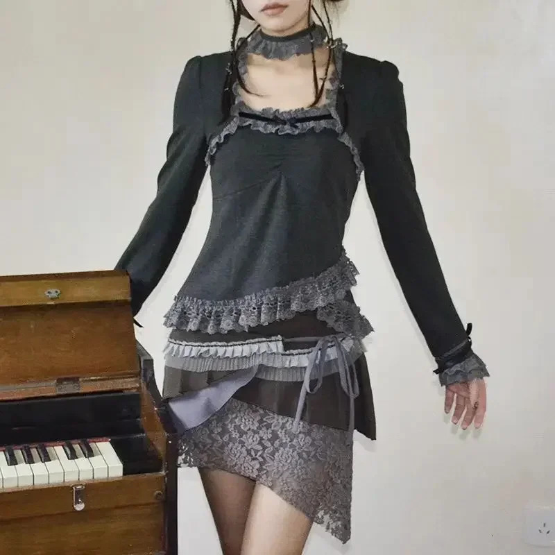 Autumn Long Sleeve Square Collar Patchwork Lace tie Tunic Tees Irregular Vintage T-shirt Y2k Tops for Women Ropa Mujer 250206