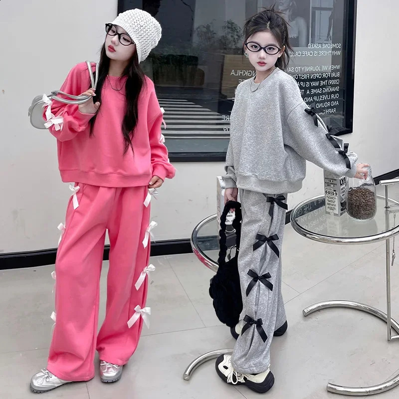 Girls Sports Set 2025 Spring Bow Sweatshirt Wide Leg Pants 2pcs Teen School Kids Clothes Pink Grey Casual Daily Children Costume 250117