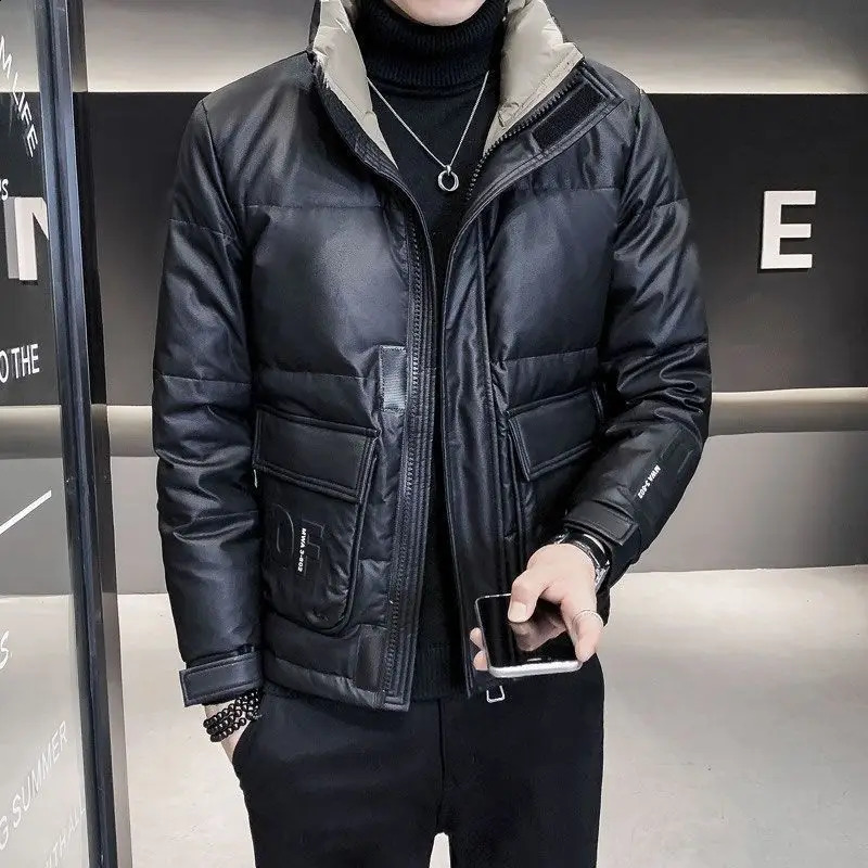 Winter Down Jackets Men PU Leather Jacket Bomber Coat Windproof Waterproof Motorcycle Clothing Outerwears 250109Z