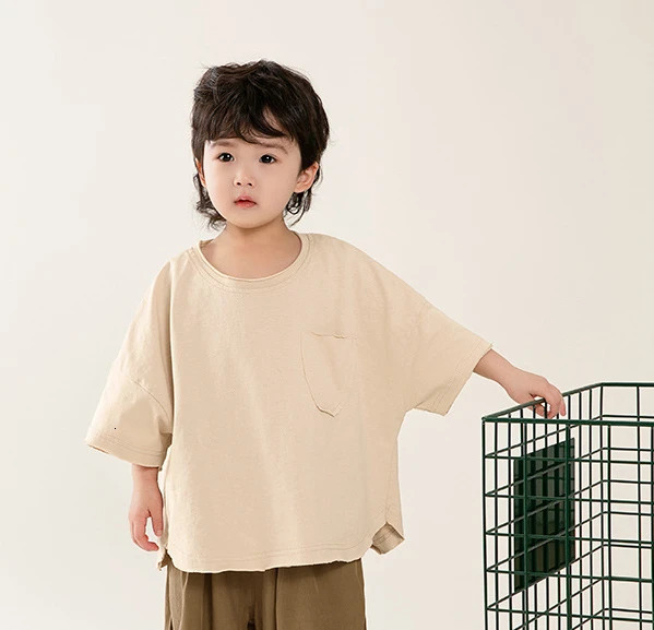 T-shirt Childrens Clothing Boys Short Sleeved Summer Korean Burr Edge Solid Color Half Sleeve Tops Round Collar 250207