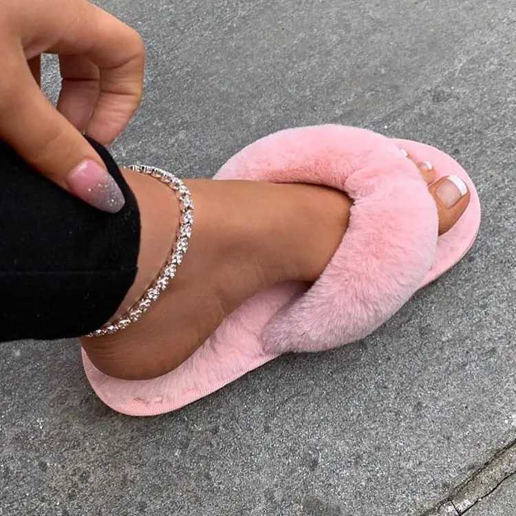 Winter Women House Slippers Faux Fur Warm Flat Shoes Female Slip Home Ladies Slippers Size 36-43 WholesaleXJ250207