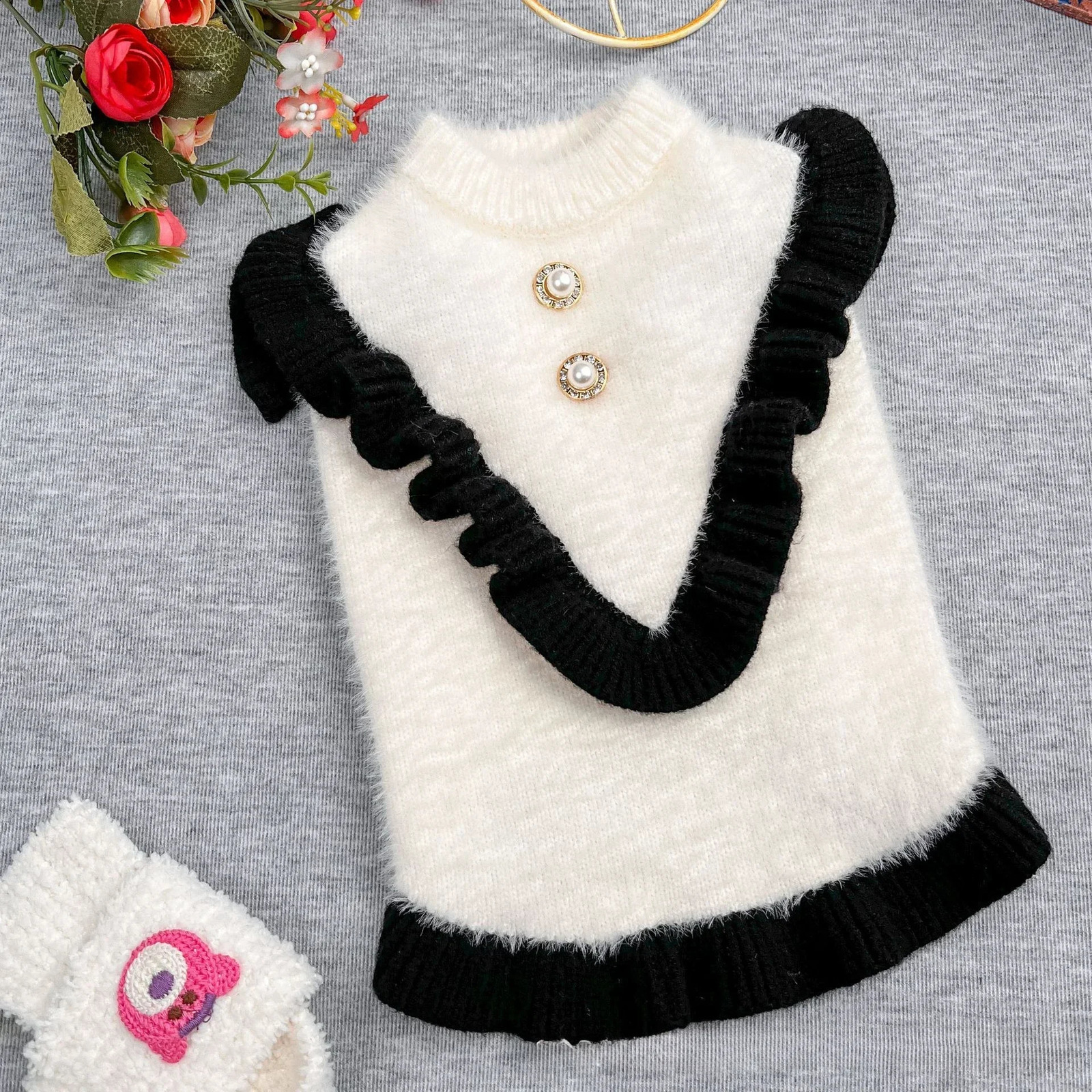 Autumn Winter Pet Sweater Princess Style Small Flying Sleeve Skirt Hem Pearl White Fur Cute Pet Sweater Knitted Kitten Puppy 250206