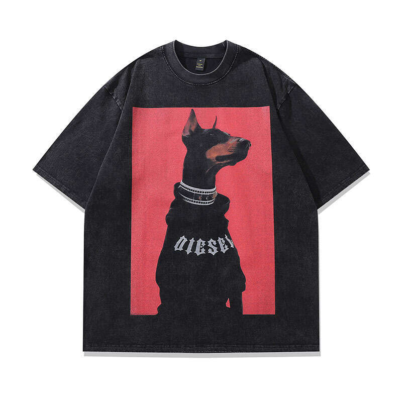 TKPA Doberman Print Wash Vintage High Fashion Brand Loose Round Neck Short Sleeve T-shirt for Men and Women Street