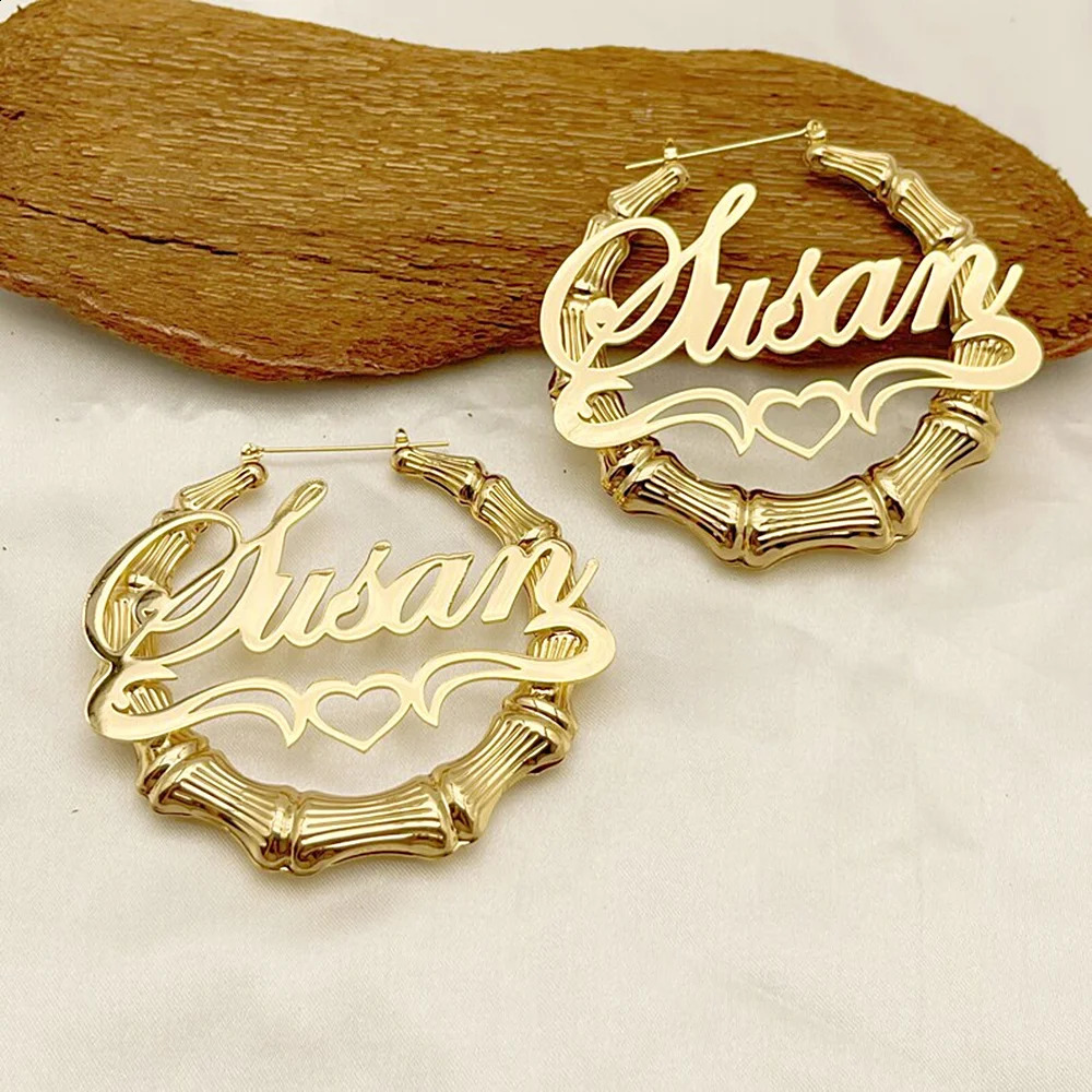 Custom Name Earrings Personalise 50mm 80mm 100mm Big Hoop Women Bamboo Shape Earring Stainless Steel Jewelry Gift for friend 250206
