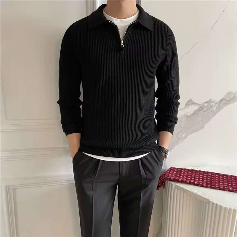 Men's Clothing Knit Pullover Zipper Polo Neck Sweater Leisure Streetwear Popular Retro Solid Color Long Sleeve Knitwear