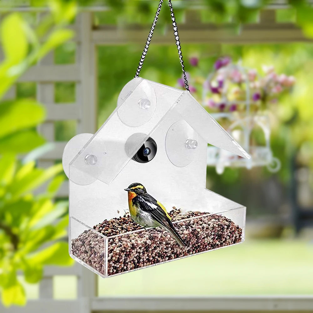 Smart Feeding House Acrylic with Camera Home Pet Bird Feeder Transparent 1080P HD Easy Installation for Outdoor Garden 250207