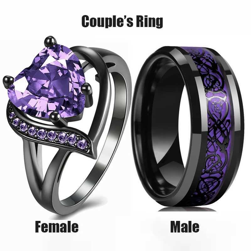 Fashion Couple Rings Romantic Women Heart Purple Rhinestones Zircon Ring Men Stainless Steel Celtic Dragon Ring Wedding Jewelry W250207