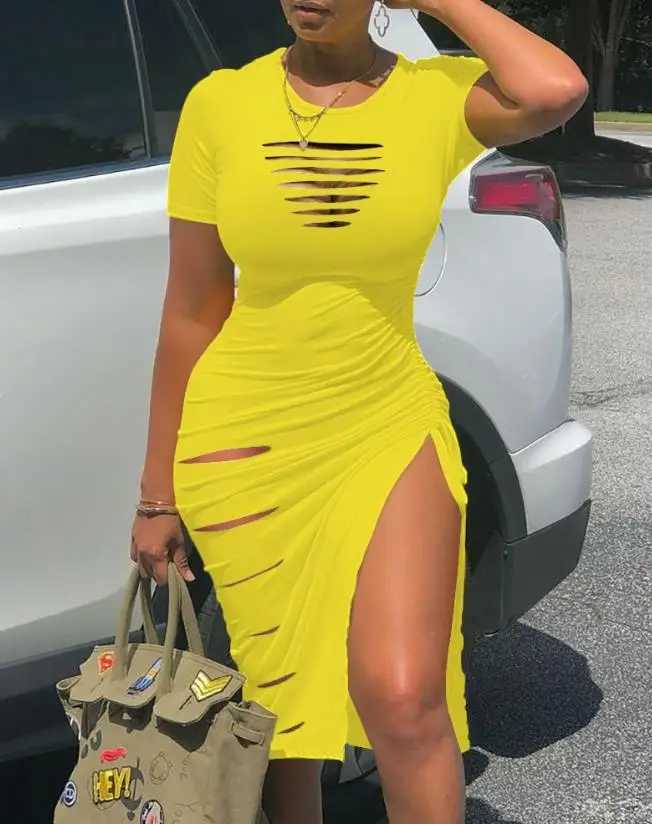 Sexy Summer Dresses for Women 2023 Short Sve O-Neck Candy Ladder Cutout Drstring Ruched High Slit Hollow Out Skinny DressXJ2500207