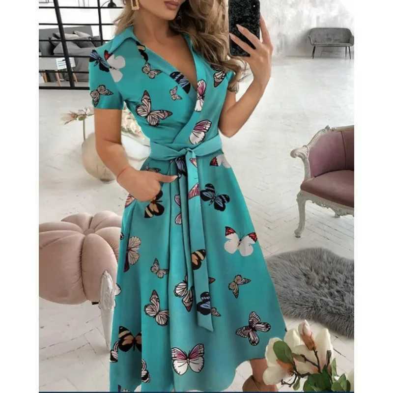 2023 Spring Autumn Dress Women Fashion Solid Slim Pocket Lace Up Dress Women Casual Printed Short Sve V-neck High Waist DressXJ2500207