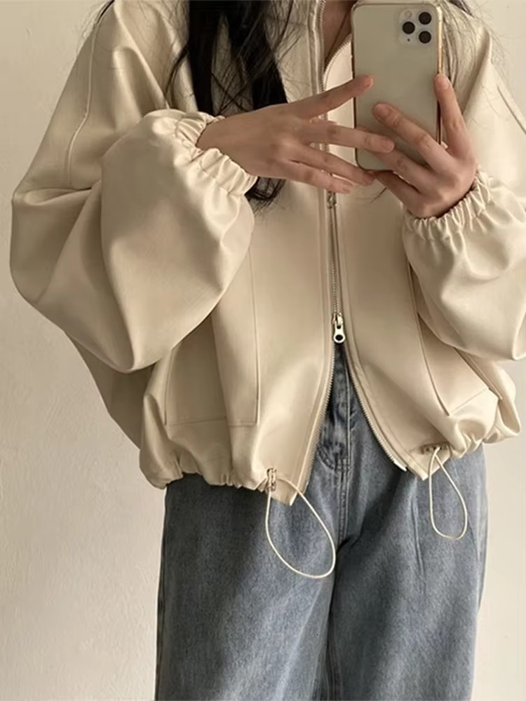 PU Leather Jacket Women Y2k Street Fashion Zipper Loose Female Crop 2025 Spring Long Sleeve Stand Neck Moto Biker Lady Coat